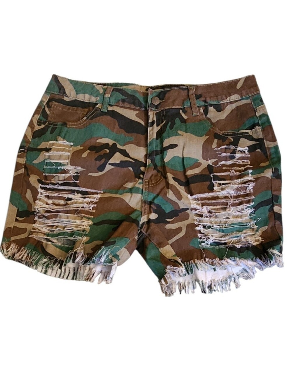 Womens Camo Green Ripped Denim Shorts Stretchy Destroyed Bermuda Camouflage, 2XL
